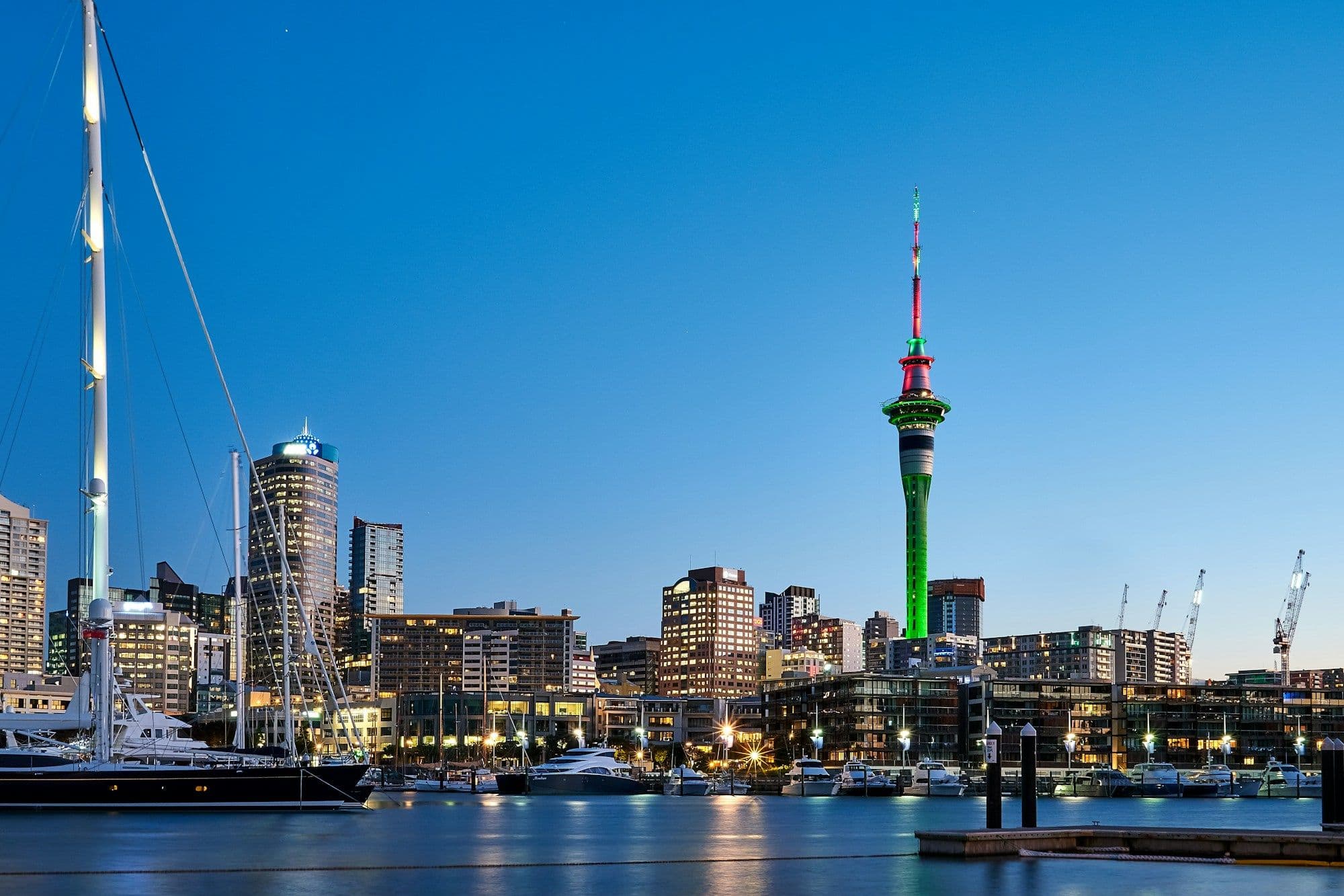 Auckland waterfront and Sky Tower at dusk